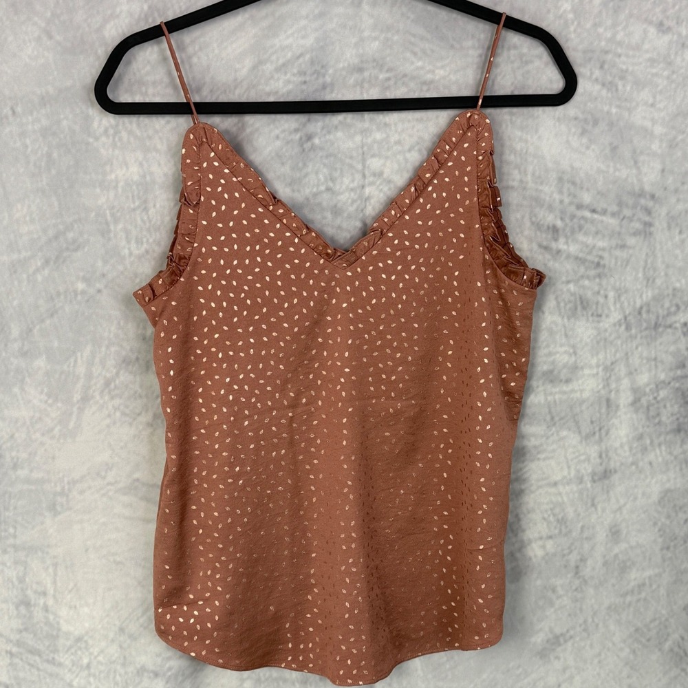 EXPRESS Rose Gold Dot V Neck‎ Ruffle Strap Cami Top Sz S Fairy y2k whimsigoth